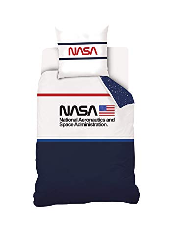 NASA - Juego de Cama, de 140 x 200 cm, 100% algodón, Azul y Blanco