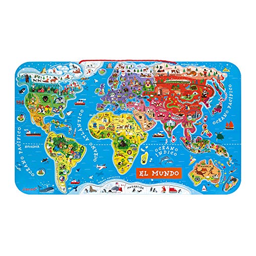 Janod - Puzzle magnético Mapa del Mundo en madera- 92 piezas magnéticas - 70 x...