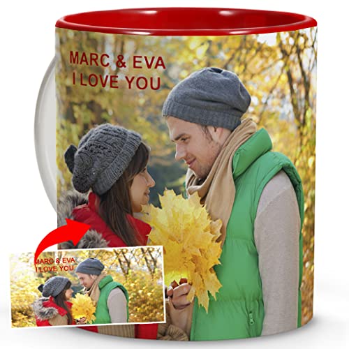 Taza personalizada con tu propio diseño. Roja en el interior.